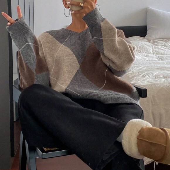 Brown Casual Women's Plaid Loose Long Sleeve Crew Neck Sweater - Picture 7 of 7